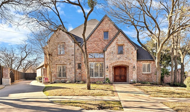 tudor house featuring stone siding, brick siding, fence, and roof with shingles