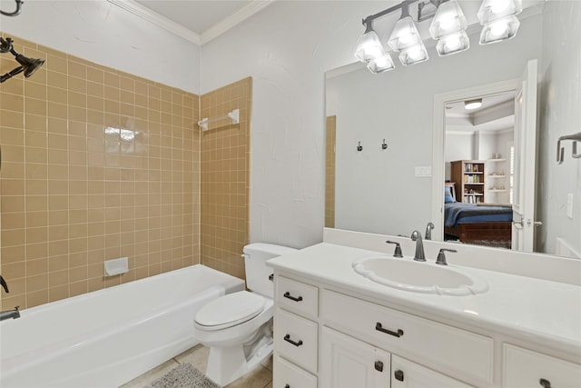 bathroom with shower / washtub combination, crown molding, toilet, vanity, and ensuite bath