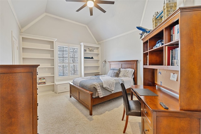 bedroom with lofted ceiling, ornamental molding, light carpet, and a ceiling fan