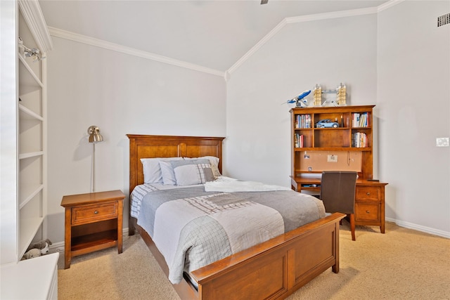 bedroom featuring light carpet, ornamental molding, vaulted ceiling, and visible vents