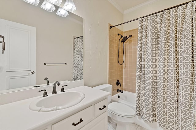 bathroom with toilet, shower / bath combination with curtain, crown molding, and vanity