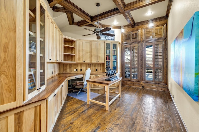 office featuring beam ceiling, coffered ceiling, built in study area, and dark wood finished floors