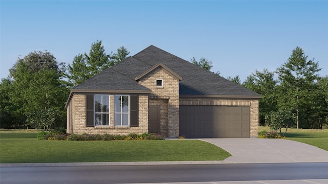 view of front of house featuring a garage, brick siding, driveway, roof with shingles, and a front yard