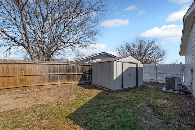 view of shed featuring cooling unit and a fenced backyard