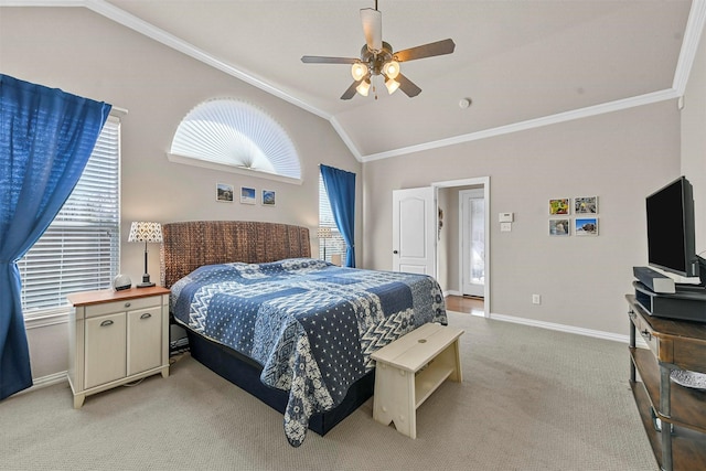 bedroom featuring light carpet, baseboards, ornamental molding, and lofted ceiling