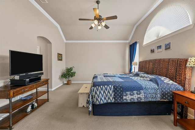 bedroom with vaulted ceiling, carpet floors, ornamental molding, and baseboards