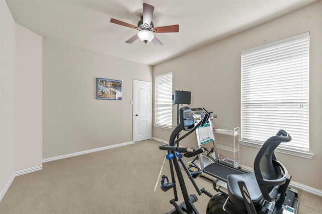 exercise area featuring baseboards, a ceiling fan, and carpet flooring