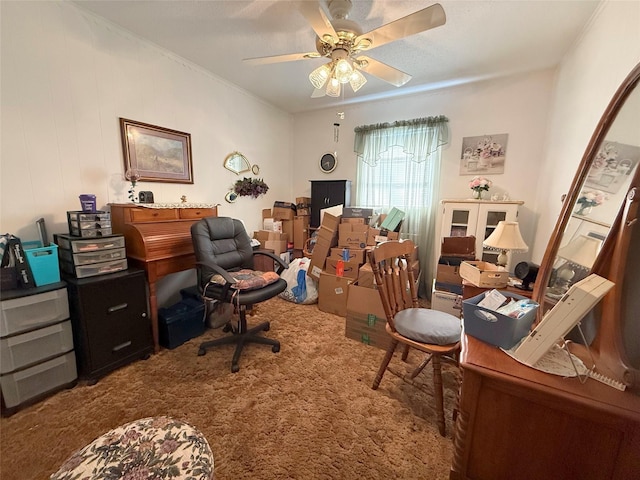 carpeted office with ceiling fan