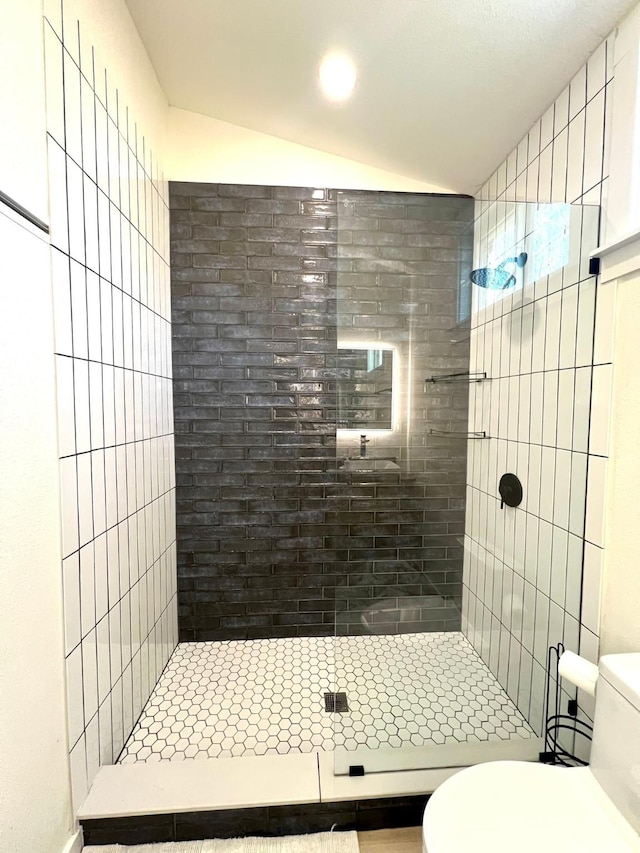 bathroom featuring toilet, a stall shower, and vaulted ceiling