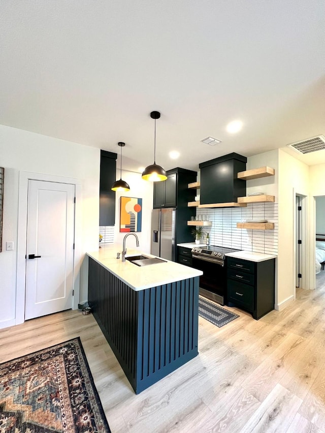 kitchen with visible vents, a peninsula, stainless steel appliances, open shelves, and a sink