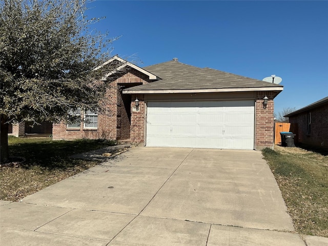 single story home featuring driveway, a shingled roof, a garage, and brick siding