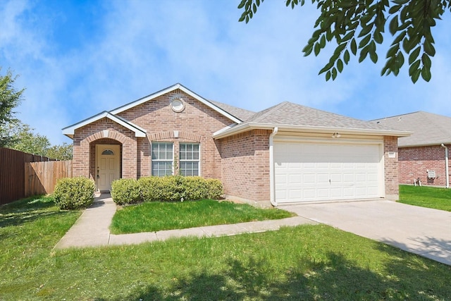 single story home featuring a garage, brick siding, fence, concrete driveway, and a front yard