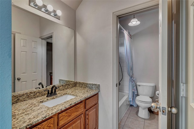 full bathroom featuring toilet, shower / tub combo, vanity, and tile patterned floors