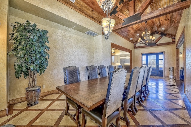 dining area with baseboards, visible vents, lofted ceiling, wooden ceiling, and an inviting chandelier