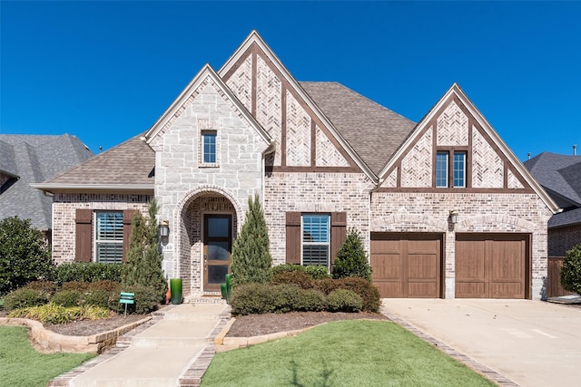 view of front of house with driveway, brick siding, and a shingled roof