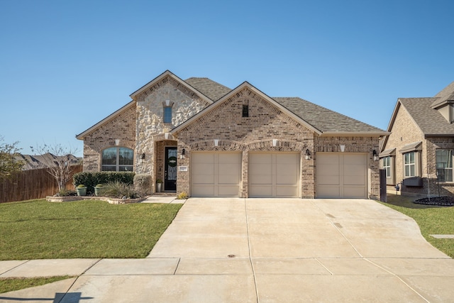 french provincial home with driveway, brick siding, a shingled roof, an attached garage, and a front yard