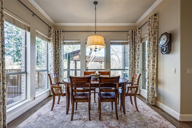 dining space featuring baseboards, ornamental molding, and wood finished floors