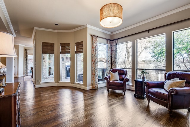 living area featuring ornamental molding, dark wood finished floors, and baseboards