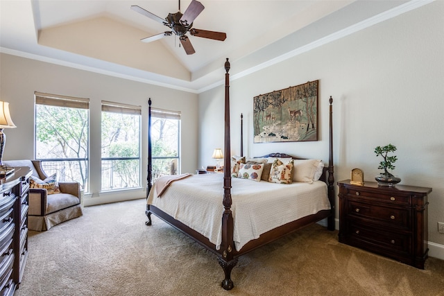 carpeted bedroom with ornamental molding, ceiling fan, and high vaulted ceiling