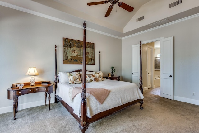 bedroom with lofted ceiling, ornamental molding, carpet, and visible vents