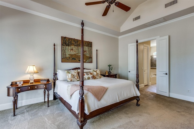 1313 Stoneoak Dr, Mckinney, TX 75072 - bedroom with carpet flooring, lofted ceiling, ensuite bathroom, baseboards, and ornamental molding