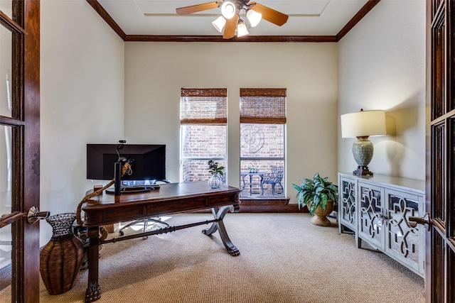 carpeted home office with ceiling fan and ornamental molding