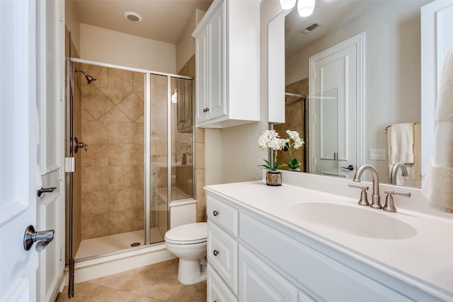 full bathroom featuring a stall shower, visible vents, toilet, and tile patterned floors