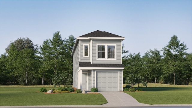 exterior space with a garage, a front yard, and roof with shingles