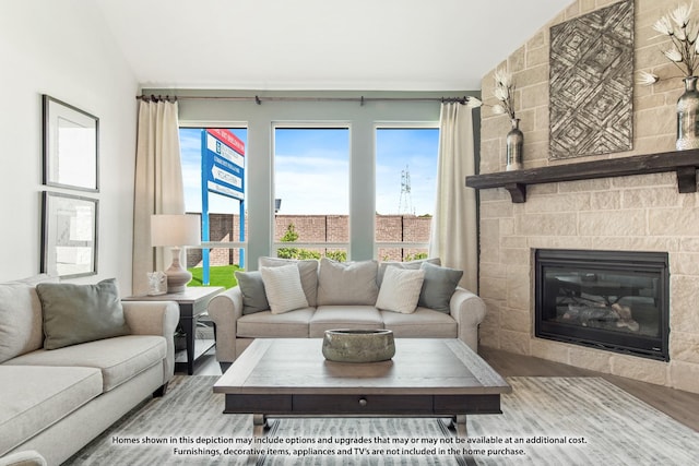 living room featuring a large fireplace and wood finished floors