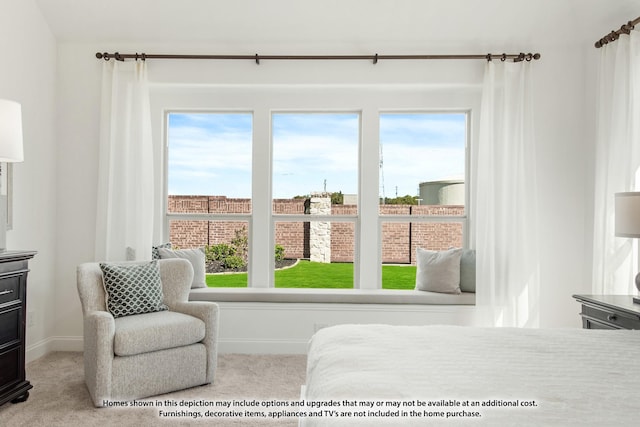 carpeted bedroom featuring multiple windows and baseboards