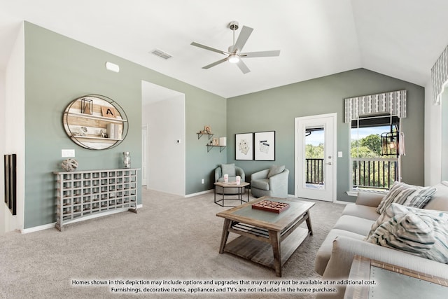 living room featuring visible vents, carpet flooring, vaulted ceiling, ceiling fan, and baseboards