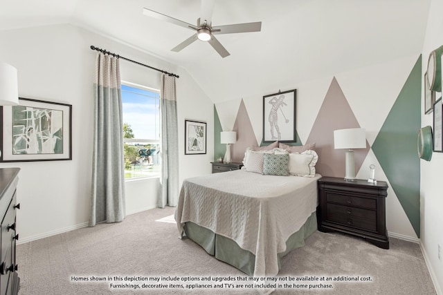 carpeted bedroom with vaulted ceiling, ceiling fan, and baseboards