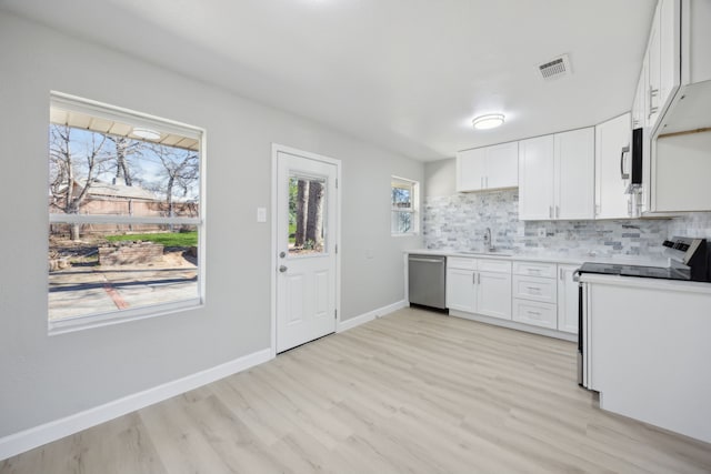 kitchen with white cabinets, visible vents, appliances with stainless steel finishes, and decorative backsplash