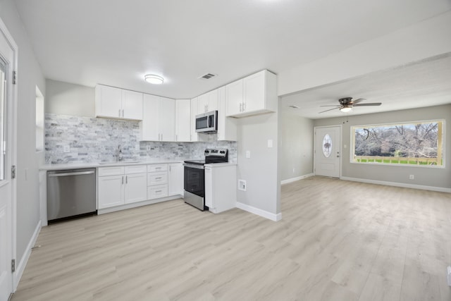 kitchen with tasteful backsplash, visible vents, appliances with stainless steel finishes, white cabinetry, and a sink