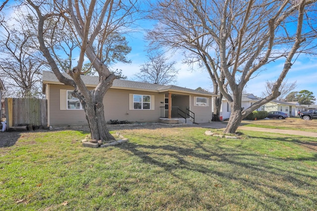 single story home with a front lawn, crawl space, and fence