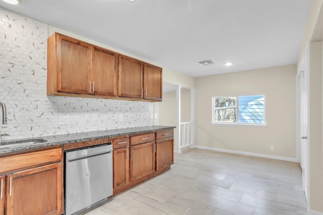 kitchen featuring tasteful backsplash, visible vents, a sink, dark stone countertops, and dishwasher