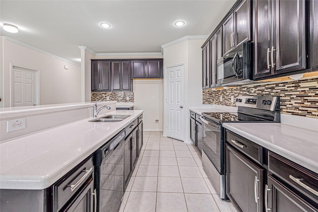 2305 Simmental Rd, Fort Worth, TX 76131 - kitchen featuring black appliances, a sink, crown molding, decorative backsplash, and light countertops