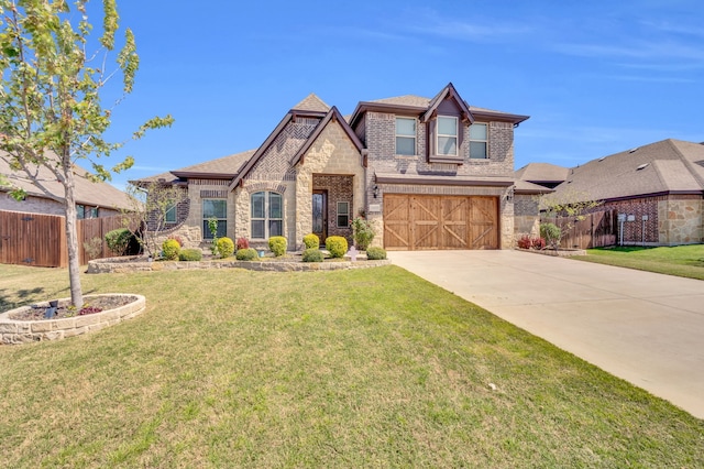 view of front of home with a garage, concrete driveway, brick siding, and fence