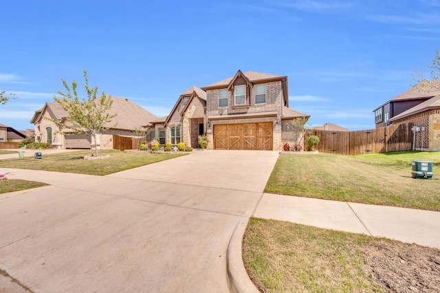 view of front of property featuring concrete driveway, an attached garage, fence, a front lawn, and brick siding