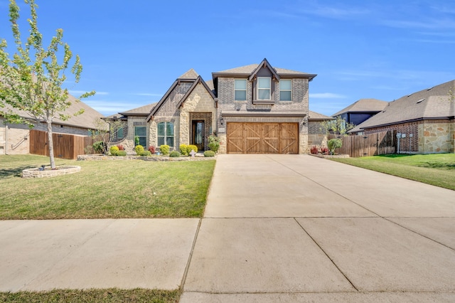 view of front facade featuring stone siding, a front lawn, fence, and driveway