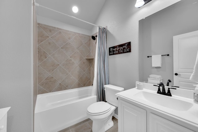 full bathroom with shower / tub combo, vanity, toilet, and tile patterned floors