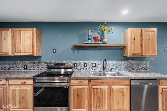 kitchen featuring stainless steel appliances, open shelves, a sink, backsplash, and light brown cabinetry