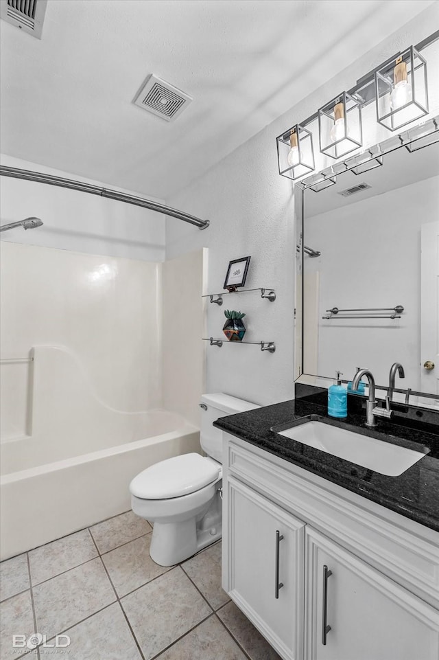 full bath featuring toilet, tub / shower combination, tile patterned flooring, and visible vents