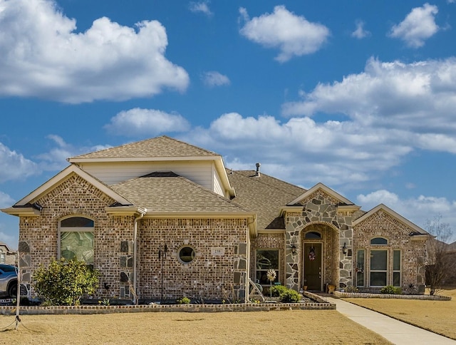 view of front of property featuring stone siding, brick siding, and roof with shingles