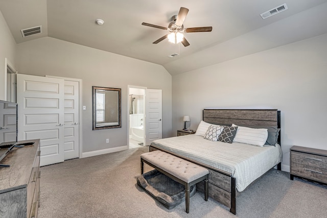 bedroom with lofted ceiling, baseboards, light carpet, and visible vents