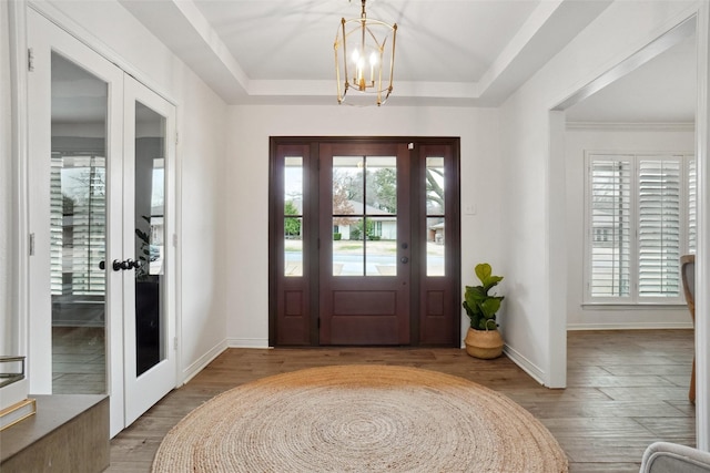 entryway featuring wood finished floors, a raised ceiling, a wealth of natural light, and french doors