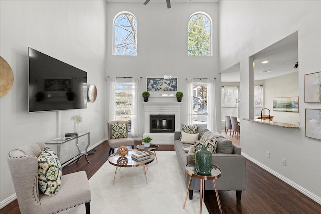 living room with a glass covered fireplace, wood finished floors, a towering ceiling, and baseboards