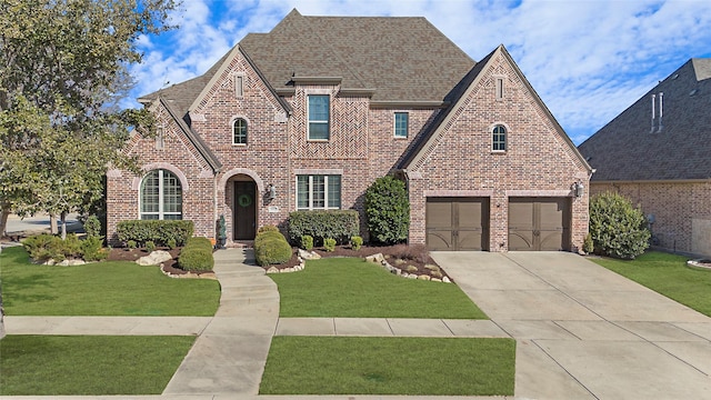 view of front of property featuring an attached garage, a front yard, concrete driveway, and brick siding