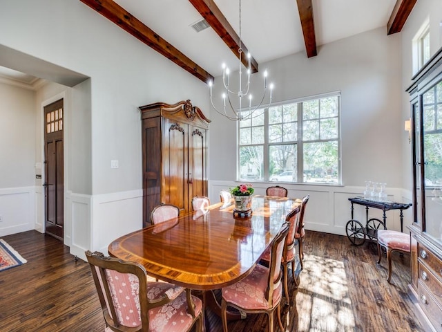 dining area with visible vents, wainscoting, dark wood-type flooring, beam ceiling, and a notable chandelier