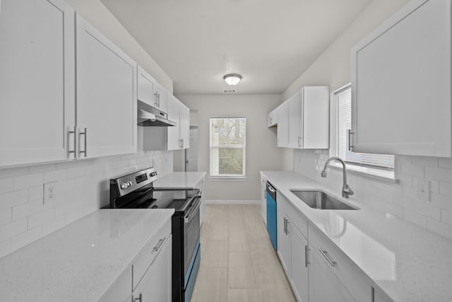 kitchen with stainless steel electric range oven, white cabinetry, a sink, dishwasher, and under cabinet range hood